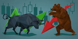 Low poly trade bull and bear.  Vector illustration in polygonal style. Financial graph background.
