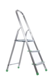 Metal folding ladder isolated on a white background. gray, silver metallic Step ladder isolated against gray background