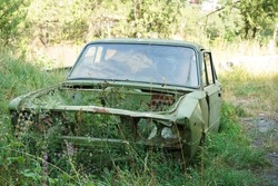 Disassembled abandoned car in the forest in summer. Outdoors. the wreck of the car in the bushes. green grass grows under the hood instead of the engine. Abandoned old automobile truck in a junkyard