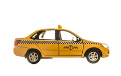 toy - yellow taxi car model. isolated on white background. yellow taxi car. idea, symbol, concept of urban service