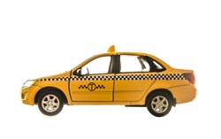 toy - yellow taxi car model. isolated on white background. yellow taxi car. idea, symbol, concept of urban service