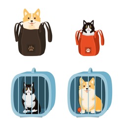 Travelling with pets. Vector illustration of dog and cat in a bag and pet cage, carriage of dogs and cats.