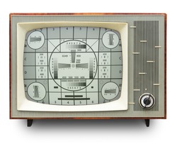TV transmission test card on vintage b/w tv set isolated on white. Clipping path included/