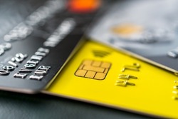 Close-up shot of a debit or credit plastic cards with a chip.
