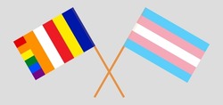 Crossed flags of Buddhism and Transgender Pride. Official colors. Correct proportion. Vector illustration
