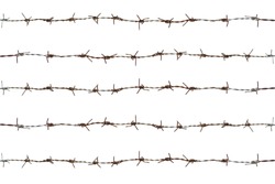 five rows of rusty barbed wire fence,isolate on white background,including clipping path