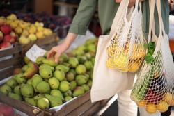 Woman chooses fruits and vegetables at farmers market. Zero waste, plastic free concept. Sustainable lifestyle. Reusable cotton and mesh eco bags for shopping