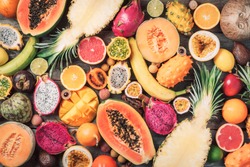 Exotic fruits - pineapple, papaya, mango, annona, banana, pitahaya, kiwano, african horned melon, tamarillo fruit, granadilla, salak, snake fruit, maracuya, rambutan, lychee, longan, tamarind