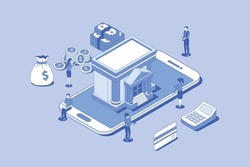 online banking or digital bank concept with money people and banks building with outline isometric style