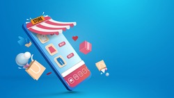 Shopping online in smartphone application. Digital marketing. Vector illustration