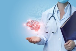 Doctor shows the brain of a person on a blue background.