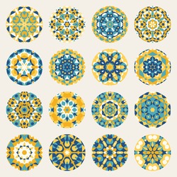 Set of Sixteen Round Blue Yellow Mandala kaleidoscope Geometric Ornaments Circles Design Elements