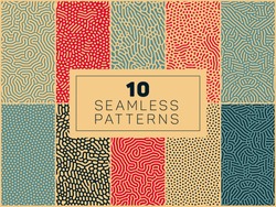 Set of Ten Vector Seamless Organic Rounded Lines And Drips Biological Patterns In Blue Red and Tan Colors Abstract Background
