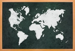 World map draw on blackboard with wooden frame