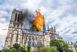 Notre Dame Cathedral burning by massive fire, representation