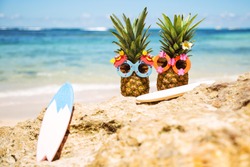 Couple of attractive pineapples surfers in stylish sunglasses on the rocks against turquoise sea. Having stylish surfboards. Tropical summer vacation concept. Sunny day on the beach. Family holiday