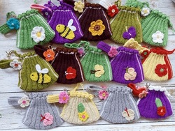Crochet drawstring bag, handmade coin purse bags craft multicolor background texture
