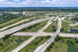 Aerial view of highways, overpasses and ramps in the Chicago suburb of Downers Grove IL. USA