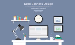 Modern Desk with computer set  documents and stationery is  Workplace for graphic designer and photographer  use for web template  banner and presentations ,flat computer icon set vector design