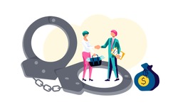 Cocept of Corruption and Bribery in business.  Two business people shake hands after making a deal in exchange for a portfolio of money. In the foreground handcuffs. Flat Art Vector illustration