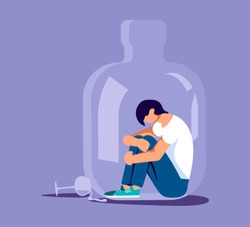 Lonely alcoholic man trapped in a bottle. Alcohol addiction metaphor. Isolated on purple. Flat Art Vector Illustration