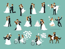 Just married, newlyweds, bride and groom set. Happy Couple celebrating marriage, dancing, kissing, hugging, holding each other in arms, cut cake, riding bike and horse, jumping after ceremony