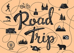 road trip poster with a stylized map with point of interests and sightseeing for travelers like city, old castle, monastery, fan fair, beach, sea, forest, mountain in black and white color