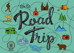 Roadtrip poster with stylized map with point of interest sightseeing for travelers like city, old castle, monastery, fan fair, beach, sea, forest, mountain, zoo, camping place, biking, hiking routes