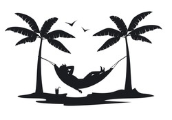 person relaxing lying in hammock on the beach under palm trees silhouette scene
