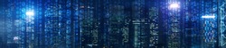 Binary computer code virtual city skyline. Matrix Mixed Media Background.