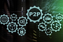 Peer to peer. P2P on the virtual screen with a server room background