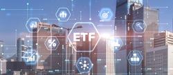 ETF Exchange traded fund Investment finance concept on city background