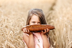 Happy little girl child in wheat cereal field in summer. Children with bread. Little girl in cereal field. Baby girl on field of wheat with bread