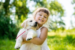 Little girl with a Golden retriever puppy. A puppy in the hands of a girl