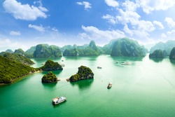 HALONG bay in vietnam. UNESCO World Heritage Site. This view from TiTop island and its most popular view for travel in Halong bay.