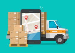 Logistic cargo mobile courier or freight delivery service transportation vector, flat cartoon truck automobile with warehouse parcel packages and cellphone or phone city map pin track
