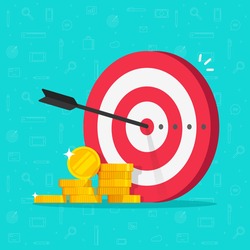 Financial target goal concept vector flat cartoon illustration, idea of marketing business money earnings aim,  strategy achievement, success targeting audience modern design