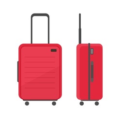 Travel red luggage suitcase trolley bag with handle vector isolated clipart in flat cartoon design, plastic case for airport baggage