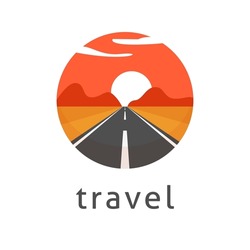 Sunset road desert trip logo vector with highway travel icon or journey sunrise landscape to mountain circle round logotype flat illustration, abstract nature orange sun sky and path way tour