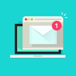 New email notice on laptop computer receiving with browser and envelope vector illustration symbol, online service, notification, electronic mail, new message, flat cartoon design isolated on blue