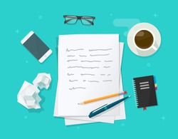 Writer workplace vector illustration isolated on blue background, flat lay cartoon paper sheets on working table with text, pen and pencil, top view desktop with writing letter 