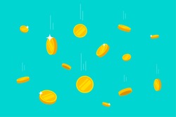 Coins money falling vector illustration, flat style dropping gold coins, isolated on color background
