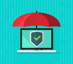 Computer protection concept vector, flat cartoon laptop pc under umbrella and protecting shield on screen, idea of antivirus banner, information safety, digital data privacy, malware security