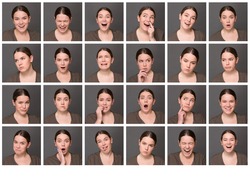 Portrait collage of girl with different facial expressions. Set of different pictures of emotional woman isolated on grey background.