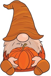 Cute gnomes in autumn disguise holding pumpkin illustration