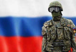 Russian soldiers in camouflage uniforms with military stripes on the background of the Russian flag. translation:: The Armed Forces of Russia