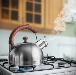 kettle boiling on a gas stove in the kitchen. Focus on a spout