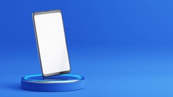 Mobile phone with a blank screen on podium. Mockup template of modern smartphone. 3d rendering