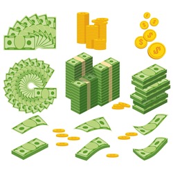 Set a various kind of money. Packing in bundles of bank notes, bills fly, gold coins. Flat vector cartoon money illustration. Objects isolated on a white background.