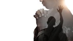 Double exposure of a hand girl praying and worship in the church, Hands folded in prayer concept for faith, spirituality and religion, Hands Raised In Worship background.